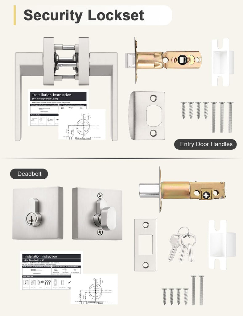 3 Pack Brushed Nickel Passage Door Lever with Single Cylinder Deadbolt, Exterior Square Door Handle with Deadbolt