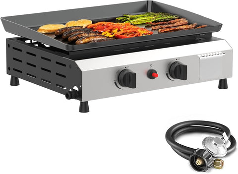 2-Burner Outdoor Propane Gas Griddle, 17-Inch Flat Top Grill, 20,000 BTU Portable Camping Griddle Station