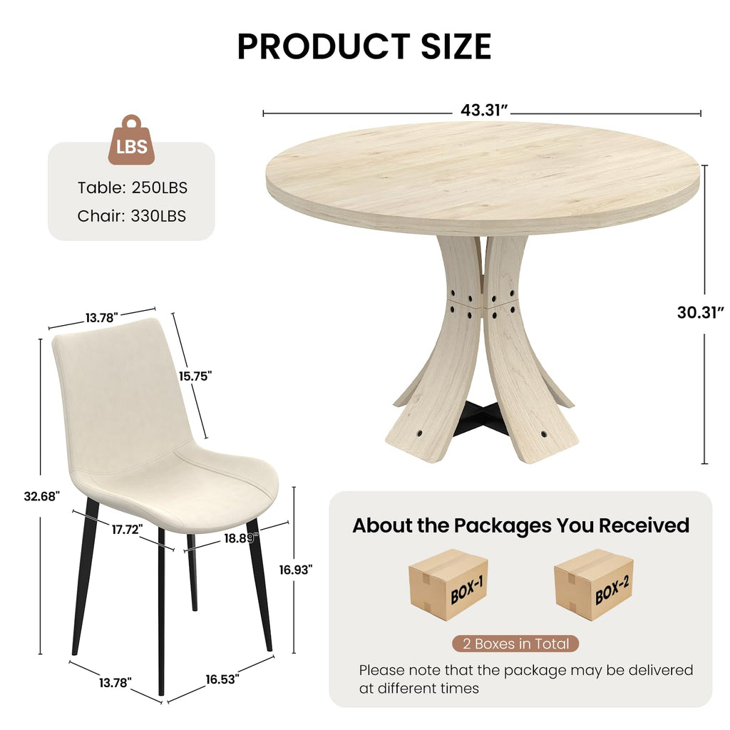 43.3" Round Dining Table Set for 4 with Curved Solid Wood Frame