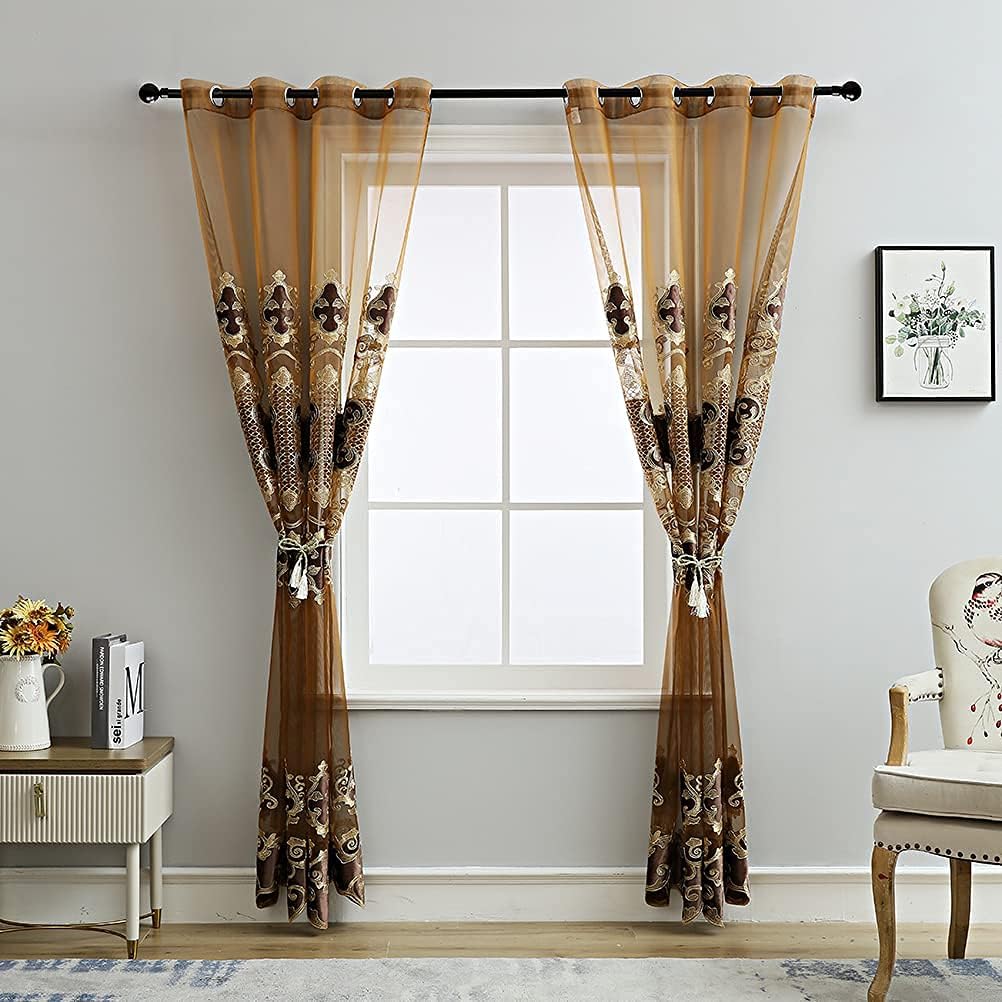 Luxury Embroidered Sheer Curtains for Living Room Chocolate Tulle Curtains for Bedroom with Velvet Embroidered