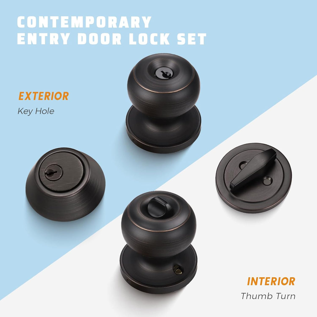 Keyed Entry Door Knob and Single Cylinder Deadbolt Combo Set, Exterior Door Knobs for Entrance and Front Door, Keyed