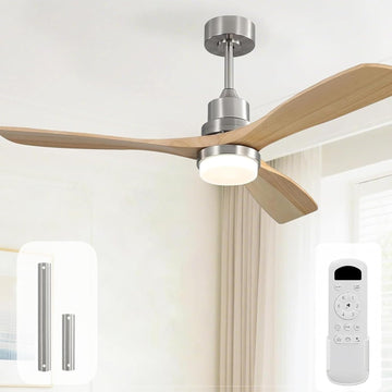 52 Inch Wood Ceiling Fan with Light and Remote - Dimmable 3-CCT LED, Reversible DC Motor - Sandy Nickel & Natural Wood