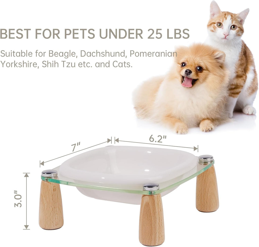 Elevated Cat Bowl and Dog Bowl, Ceramic Raised Pet Bowl with Acrylic & Wood Stand, Non-Slip, 13.5 OZ, for Cats &