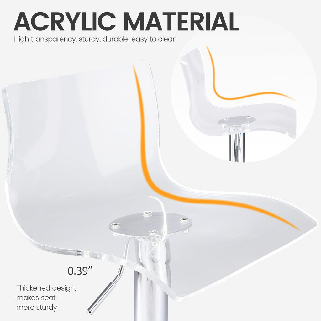 Acrylic Bar Stools with Mid Back Set of 2 Adjustable Swivel Airlift Clear