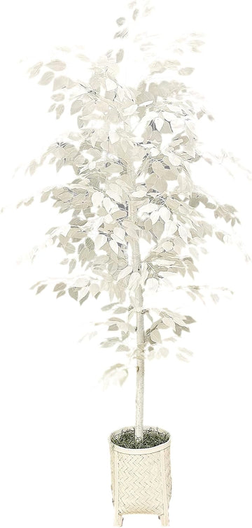 6ft White Faux Ficus Tree - Real Wood Trunk, No Maintenance Indoor Artificial Plant in White Rattan Basket - Living