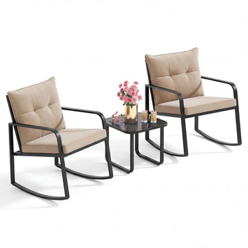 3 Pcs Rocking Bistro Set, Black Steel Patio Furniture, Beige Cushion