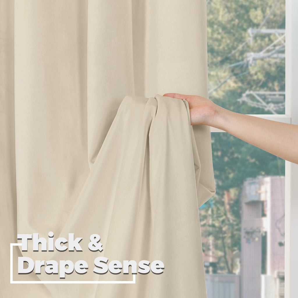 Cream Beige Thick Velvet Blackout Curtains 90 Inch