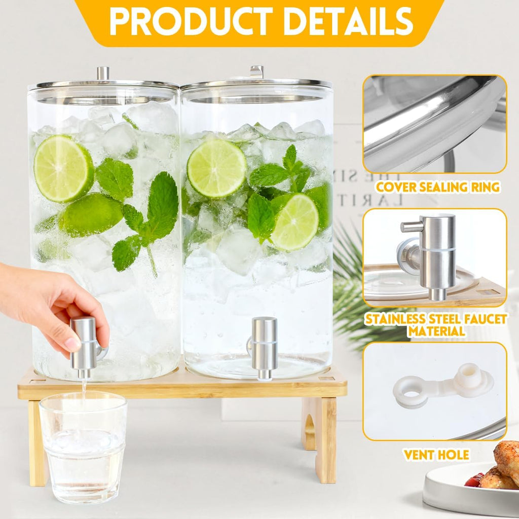 1.5 Gallon Drink dispenser with Stand, With Wood Stand, 18/8 Stainless Steel Spigot and Labels Large Water - Set of 2