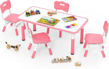 Kids Table and Chiar Set, Height Adjustable Toddler Desk and 4 Chairs with Graffiti Desktop Non-Slip Legs, Large 47"