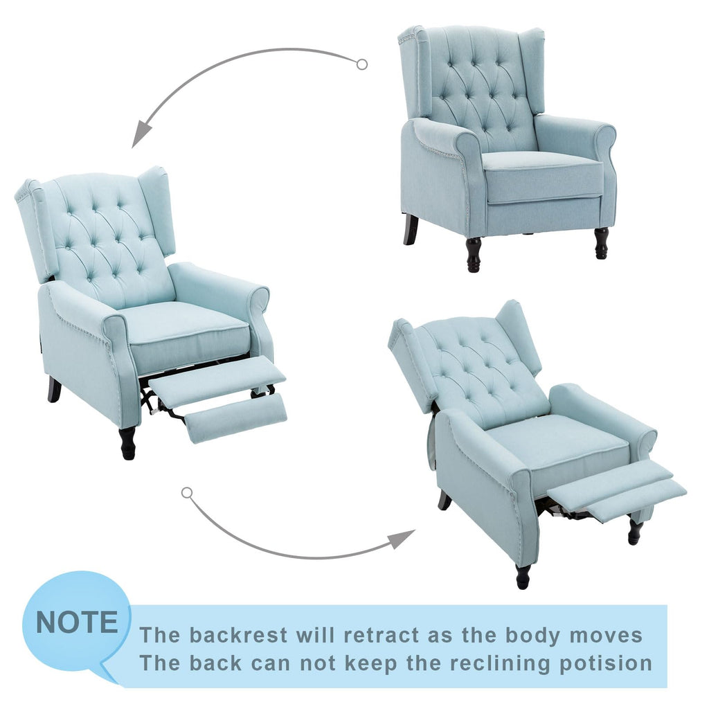Pushback Recliner, Modern Accent Arm Reclining Sofa, Fabric Wingback Chair, Light Blue