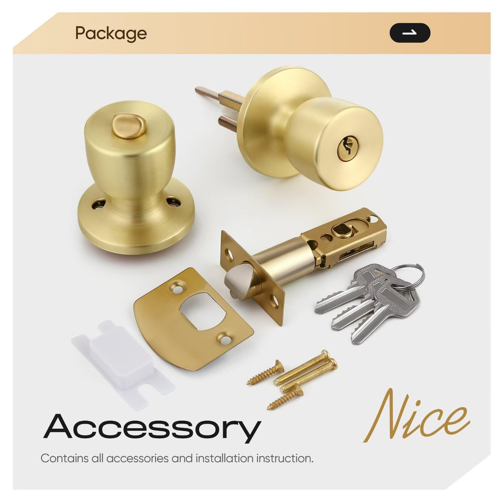 4 Pack Keyed-Alike Stainless Steel Door Knob Lock Gold Door Knobs with Keys, Adjustable 60-70mm Backset for 35-45mm