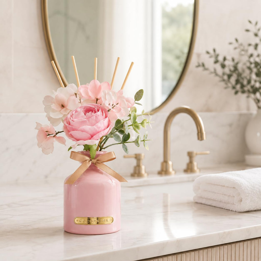 Flower Reed Diffuser Set, 6.7oz Sandalwood Rose Scented Oil Diffuser with Sticks, Long Lasting Home Fragrance & Shelf