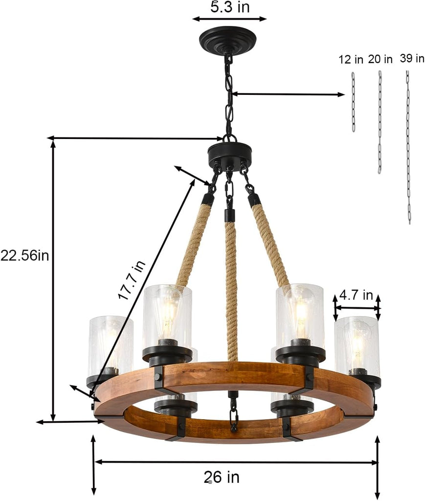 6 Light Wagon Wheel Chandelier,Wooden Chandelier Light Fixture with Seeded Glass Shade Rustic Farmhouse Pendant for Dining Room Kitchen and Entryway A105-B0DN1JTHLZ