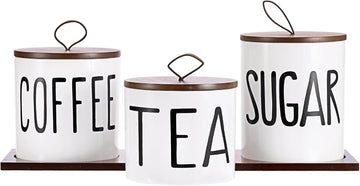 Ceramic Coffee Sugar Tea Canister Set with Lid and Tray - Set of 3