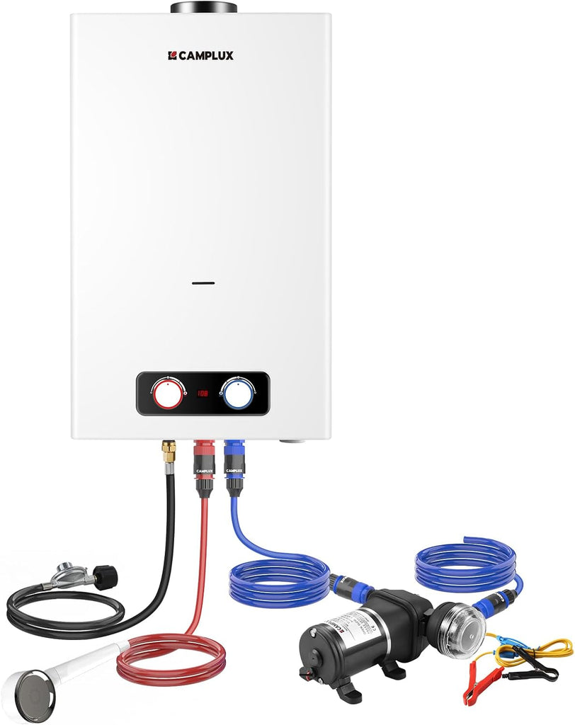 Tankless Water Heater Outdoor, 4.22 GPM Propane Water Heater with 3.3 GPM Water Pump Kit & Pipe Strainer