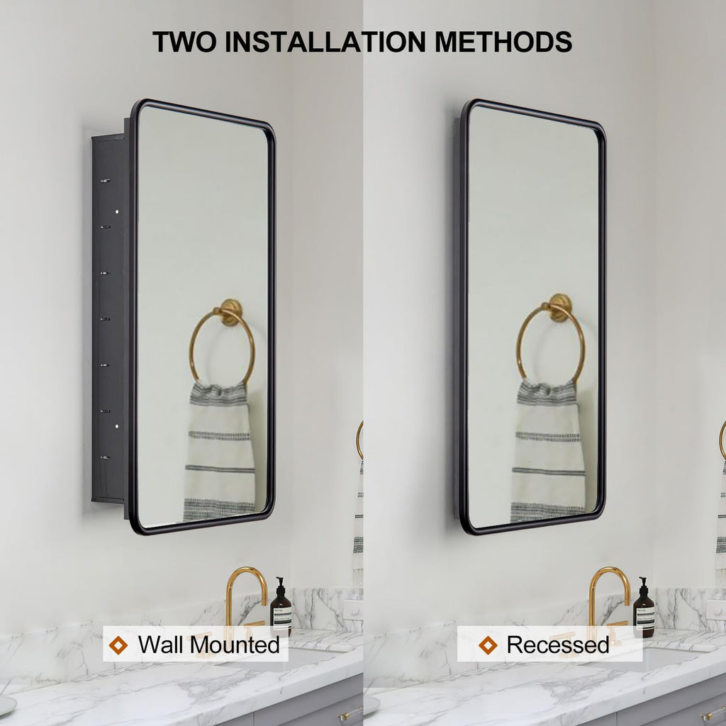 17 x 27 Recessed Medicine Cabinet with Mirror, Surface Mount Black Medicine Cabinet , Stepless Adjustable Shelves