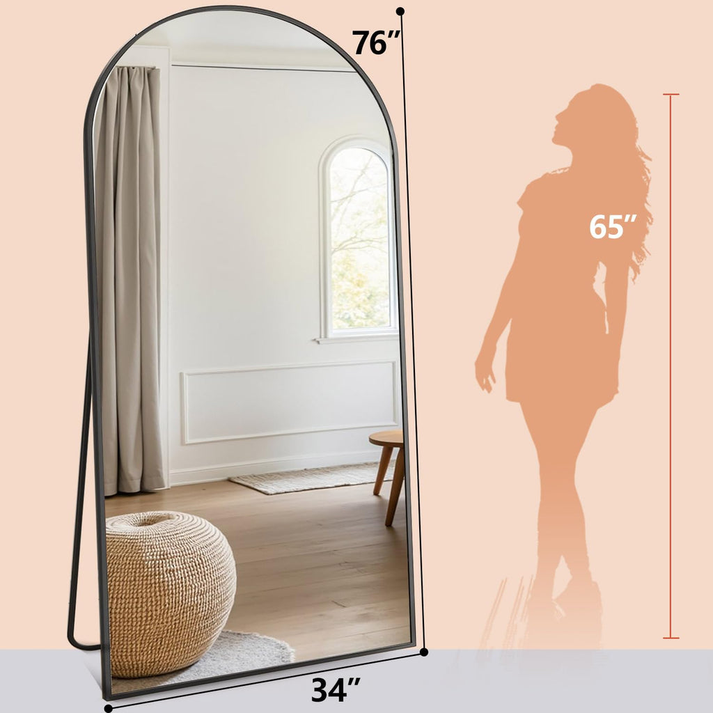 Arched Full Length Mirror, 76"x34" Free Standing Floor Mirror, Black