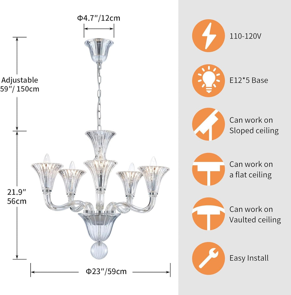 5 Light Crystal Chandelier, Modern Dining Room Light Fixture, Clear Crystal Pendant Light for Bathroom Bedroom Livingroom, D19xW19xH23, E12 Socket A100-B0DSPBZZ2Q