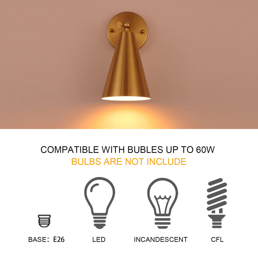 Gold Sconces Set of 2, Modern Brass Wall Sconces Lighting Fixtures with Metal Shade, Indoor Decor Wall Mount Swing