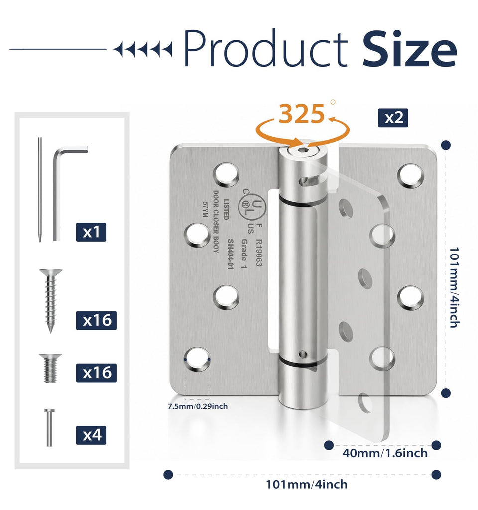4 Inch Self Closing Door Hinges, 2-Pack Spring Hinges, 1/4" Radius Corners