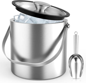 3L Stainless Steel Ice Bucket, Double Wall Insulated Ice Bucket with Lid, Drain Plate, Scoop, Tong for Parties