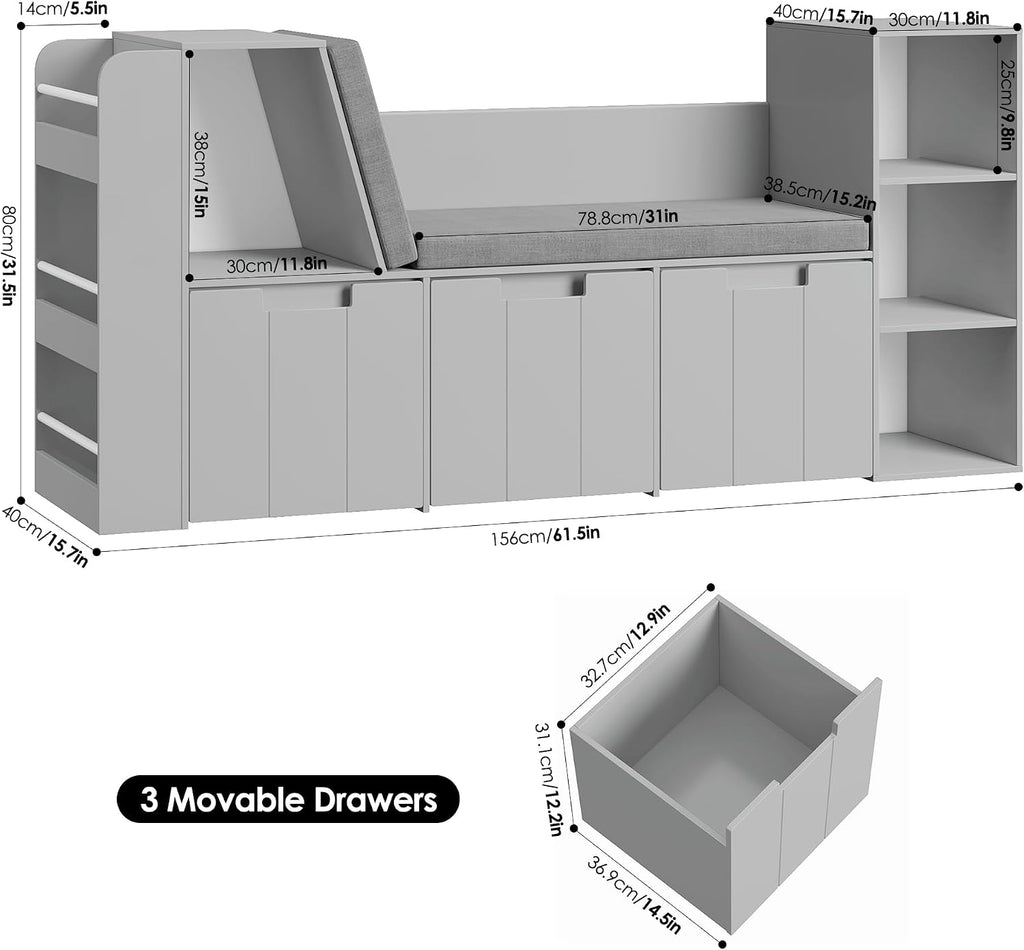 61.5" Kids Reading Nook with 3-Layer Bookshelf, Reading Nook for Kids with Double Bench and Rolling Drawers