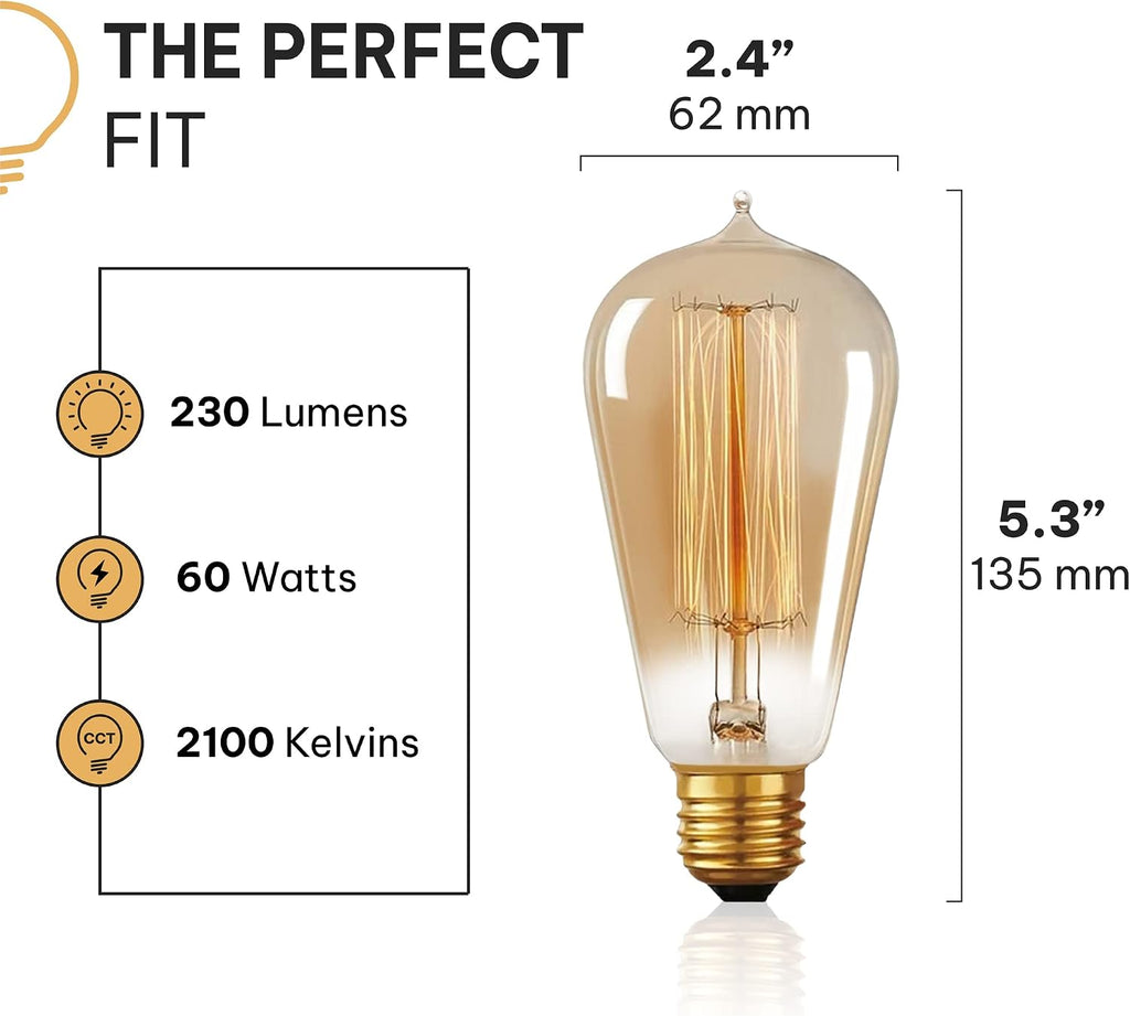 Vintage Incandescent Edison Light Bulbs, 60W, E26/E27 Base, 2100K Dimmable Decorative Lights, ST58 Style Amber Warm