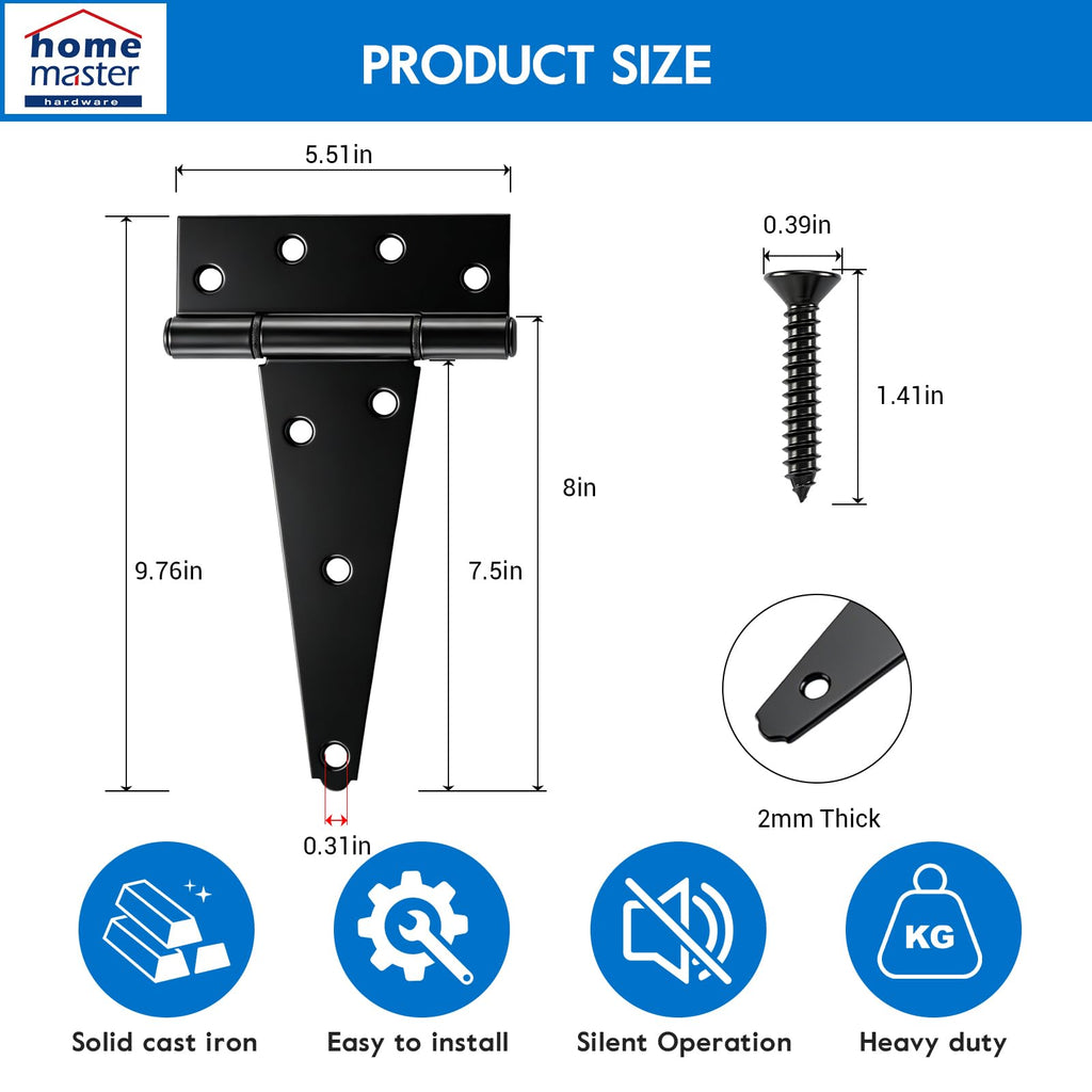 8" Heavy Duty Gate Hinges, 6 Pack T Strap Hinges