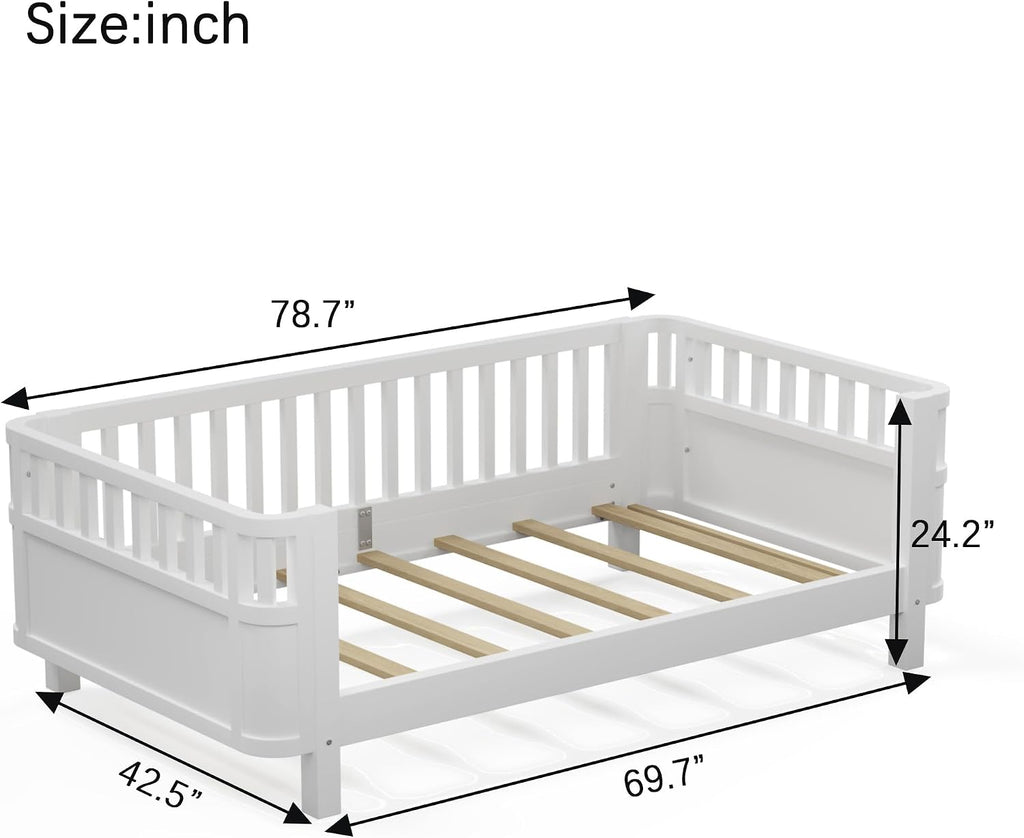 Platform Bed with Fence, Low Bed Frame with Detachable Side Bed Rails, Wooden Montessori Beds for Girls