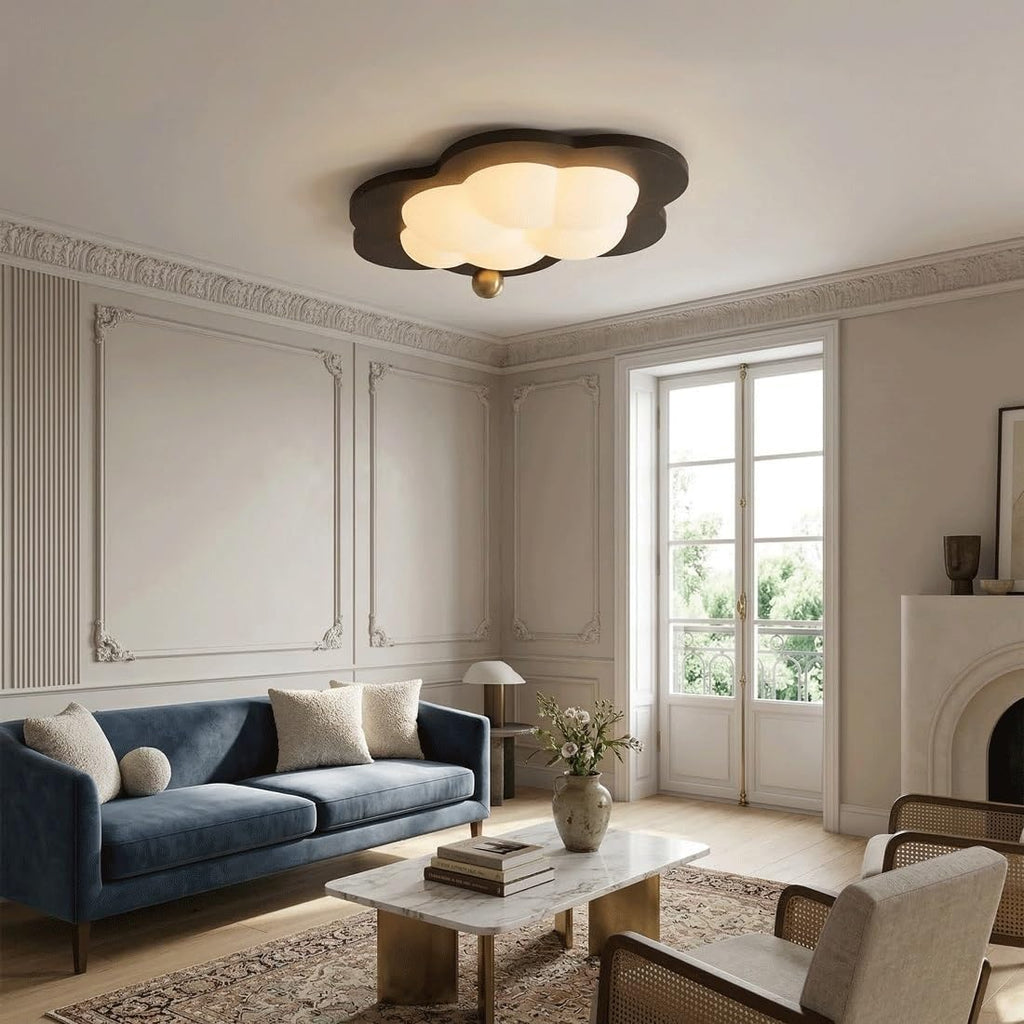 French Modern Cloud Ceiling Light, Star Flush Mount Fixture, Wooden Ceiling Lamp, Solid Wood Walnut Finish, Acrylic