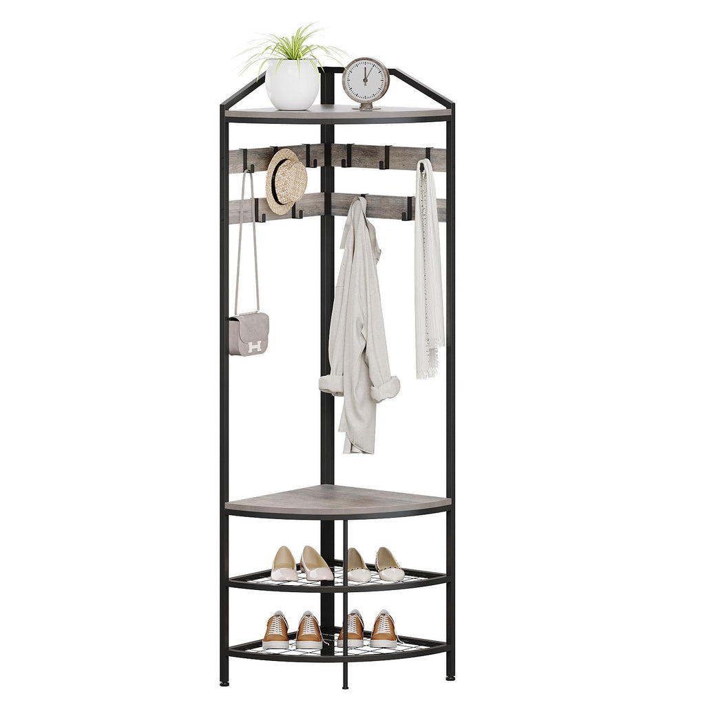 Grey Corner Hall Tree with Shoe Bench Entryway Coat Rack with 10 Metal Movable Hooks Rustic Farmhouse Floorstanding