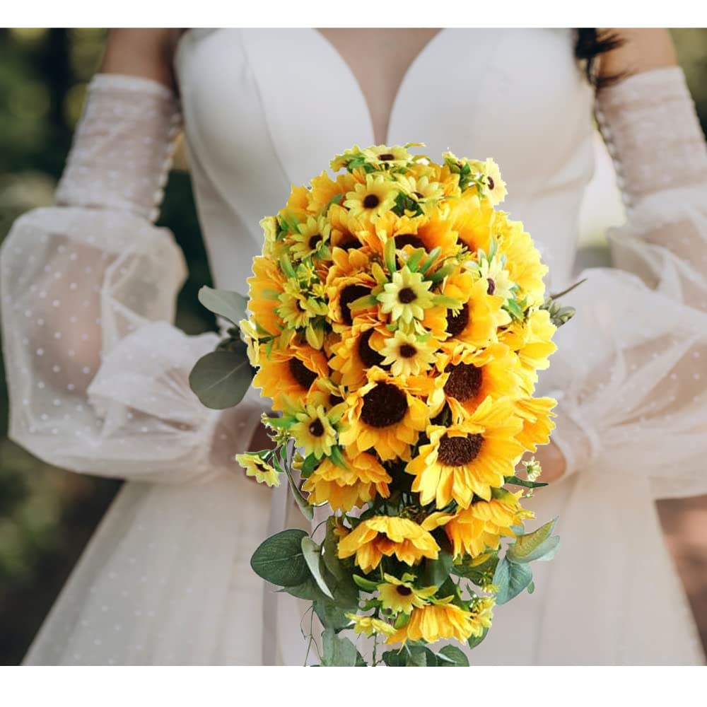 Wedding Bouquets, Artificial Sunflower Artificial Flower Bouquet Bride Bridesmaid Water Fall Wedding Ceremony Proposal