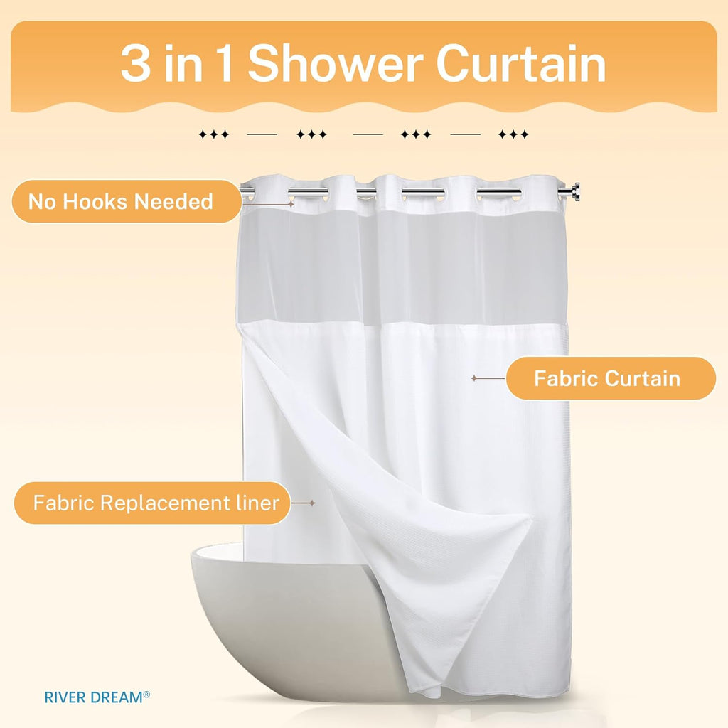 RiverDream Heavyweight Waffle No Hook Shower Curtain with Liner,White,71x74 | Dotted Waffle,Snap-in Liner,Heavy