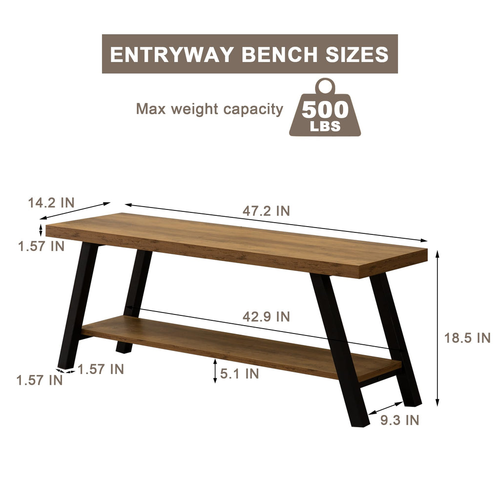 Entryway Bench, Farmhouse Indoor Entry Way Shoe Benches Seat, Industrial Metal Shoe Storage Bench Organizer (Rustic