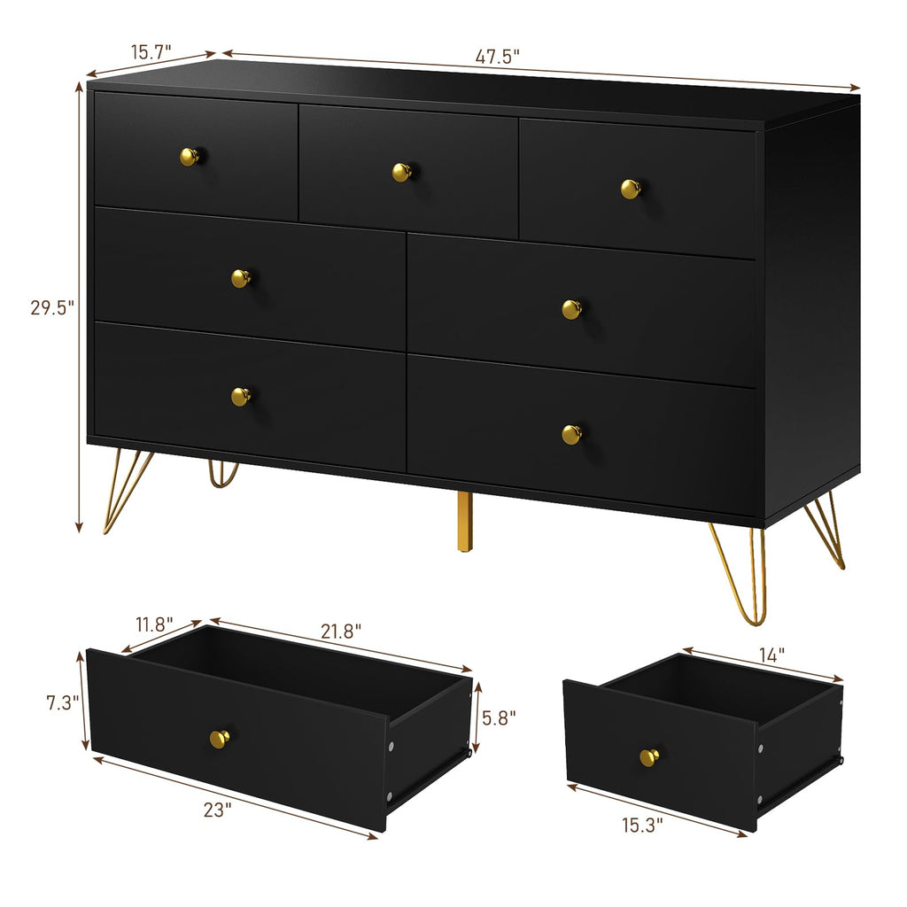 Black Dresser, Modern 7 Drawer Dresser with Gold Handles and Metal Legs, Black and Gold Dressers & Chest of Drawers