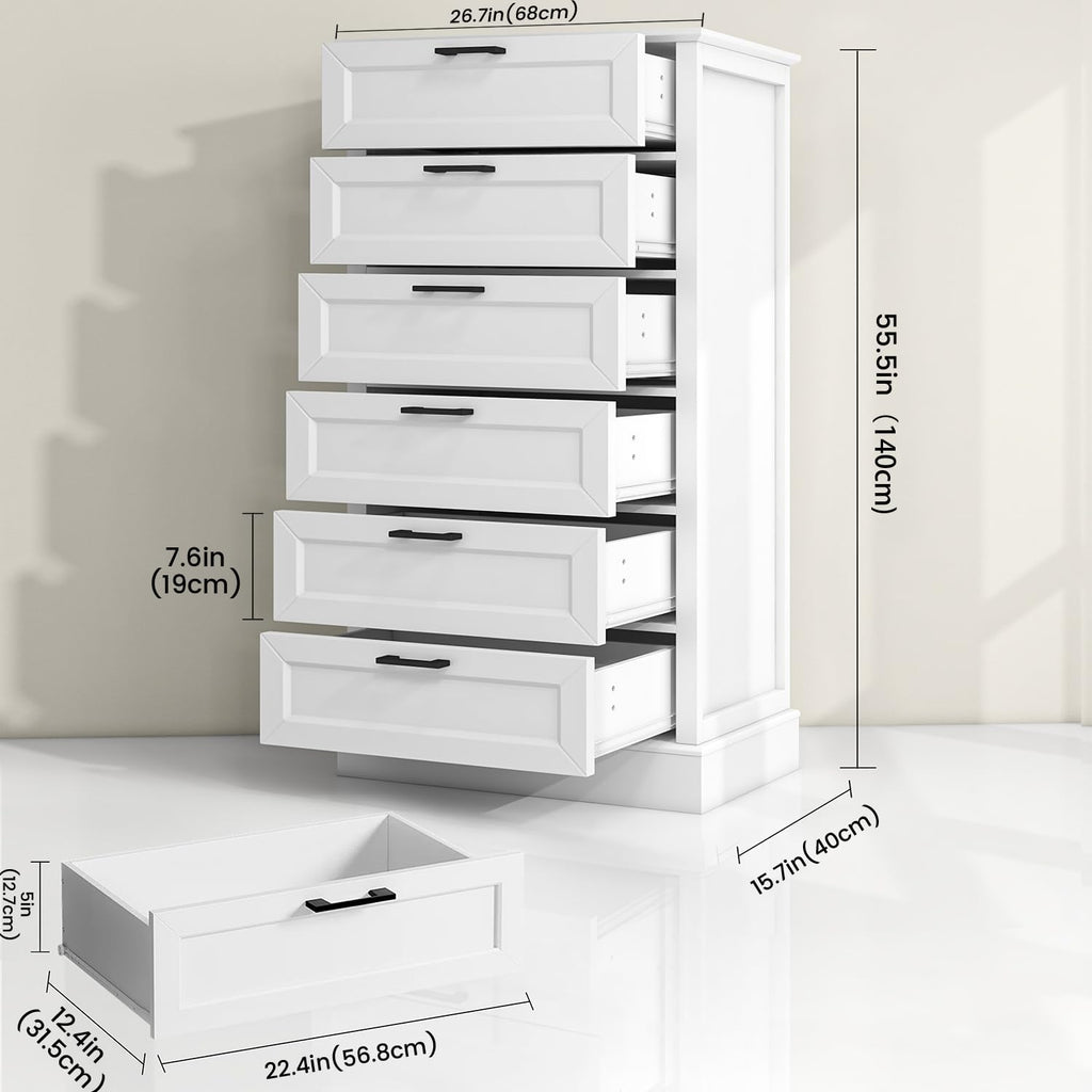 White 6 Drawer, 55 Inch Tall White, Modern Farmhouse Style Chest of Drawers Living Room, Wood Rustic Tall Clothing