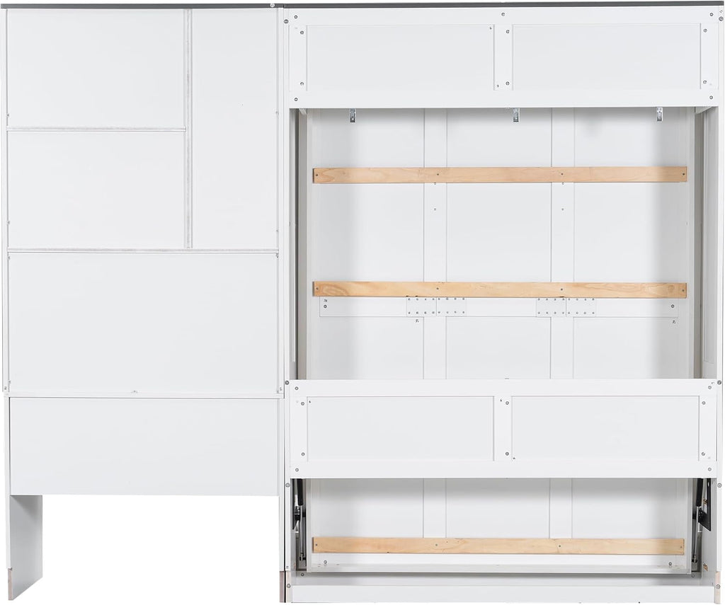 Queen Wood Murphy Bed with Upholstered Sofa & Desk, Multifunctional Foldable Wall Platform Bed for Guest-Room