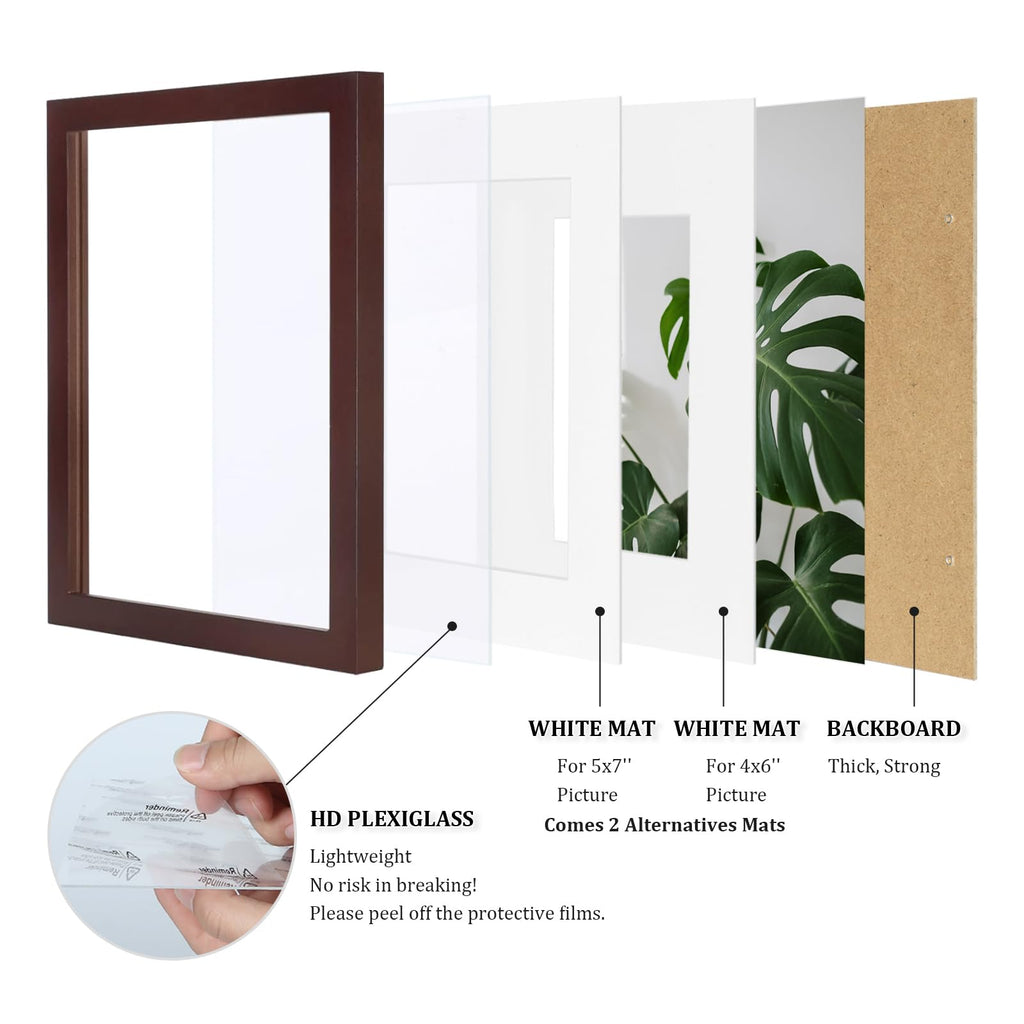 8x10 Picture Frames Made of Solid Wood with Plexiglass, Display Pictures 4x6/5x7 with Mat or 8x10 Without Mat Set of