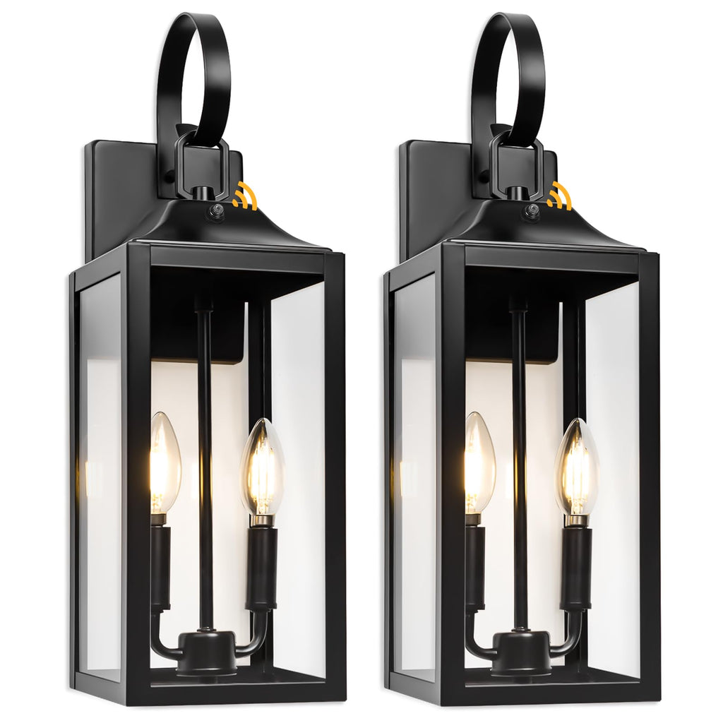 19" Black Dusk to Dawn Outdoor Light Fixture, Large Outdoor Lantern 2-Light