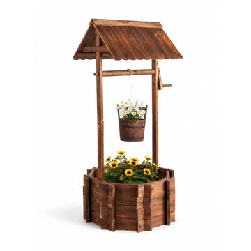 Wooden Wishing Well Outdoor Planters, Well Covers for Yard with 4 Reinforced Rods, Height Adjustable Hanging Bucket