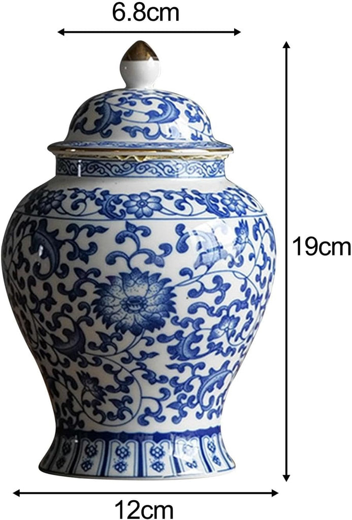 Blue and White Ceramic Ginger Jar with Lid, Chinoiserie Decorative Vase Decor, Table Centerpiece, Style