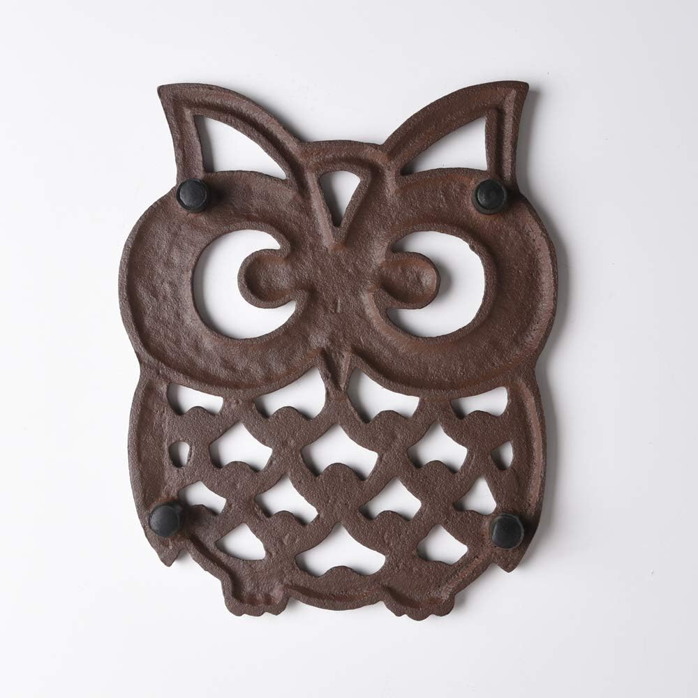 Cast Iron Owl Pot Trivet, Vintage Rustic, Artisan Design, with Rubber Pegs