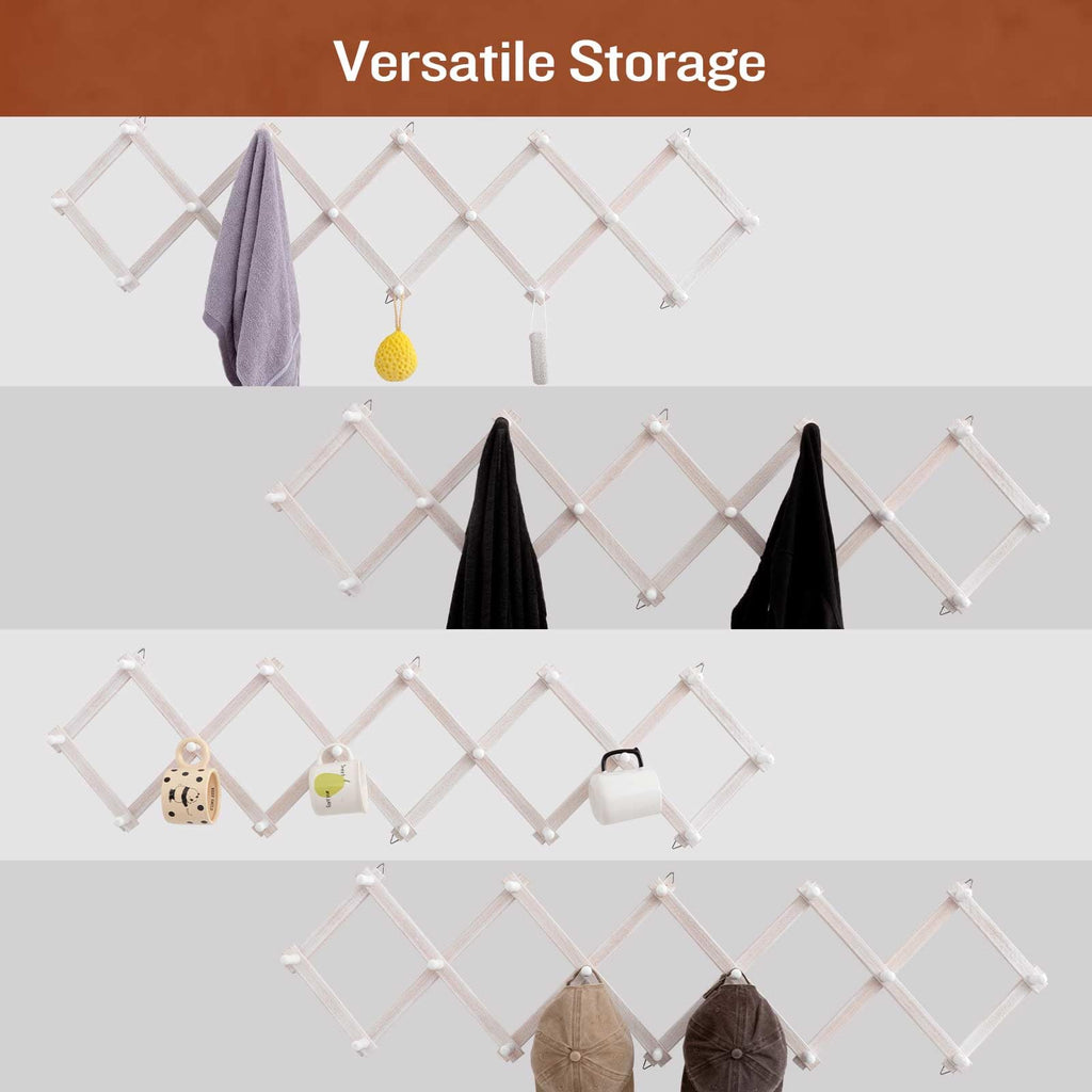 Rustic Wall Mounted Coat Rack with Space Saving Accordion Design, Expandable Wall Mount Coat Rack with 16 Wood Hooks