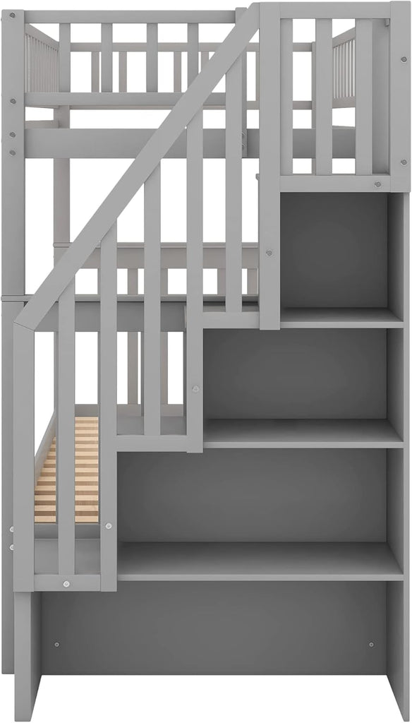 Stairway Bunk Bed Twin Over Twin with Trundle and Shelves,Can be Split into 3 Separate Beds,Wooden Triple Bunk Bed