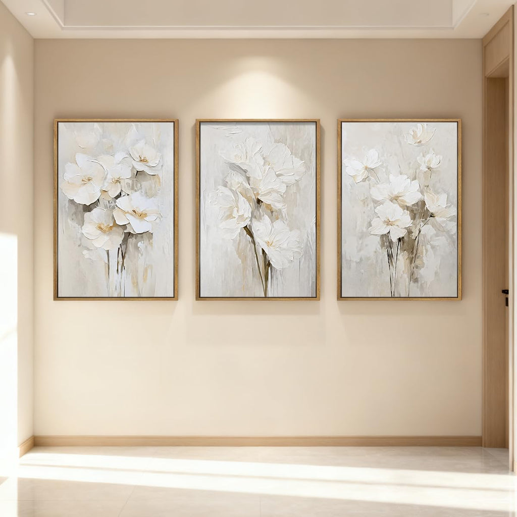 Framed Neutral Beige Floral Wall Art Large 16x24 Inch White Cream Flower Canvas Wall Decor Modern Botanical Farmhouse