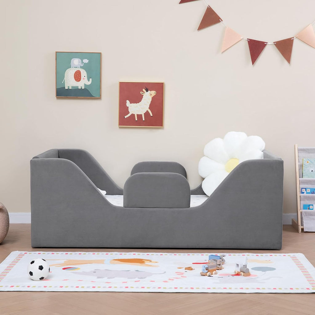 Toddler Floor Bed with Removable Safety Rails and Storage Bag, Kids Bed for Girl and Boys, Standard Crib Size, Safety