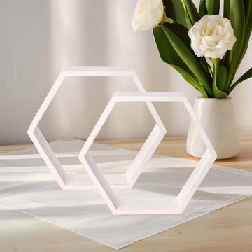 2 Pack | 9" Hexagon Whitewashed Wood Centerpiece, Geometric Terrarium, Honeycomb Storage Shelf