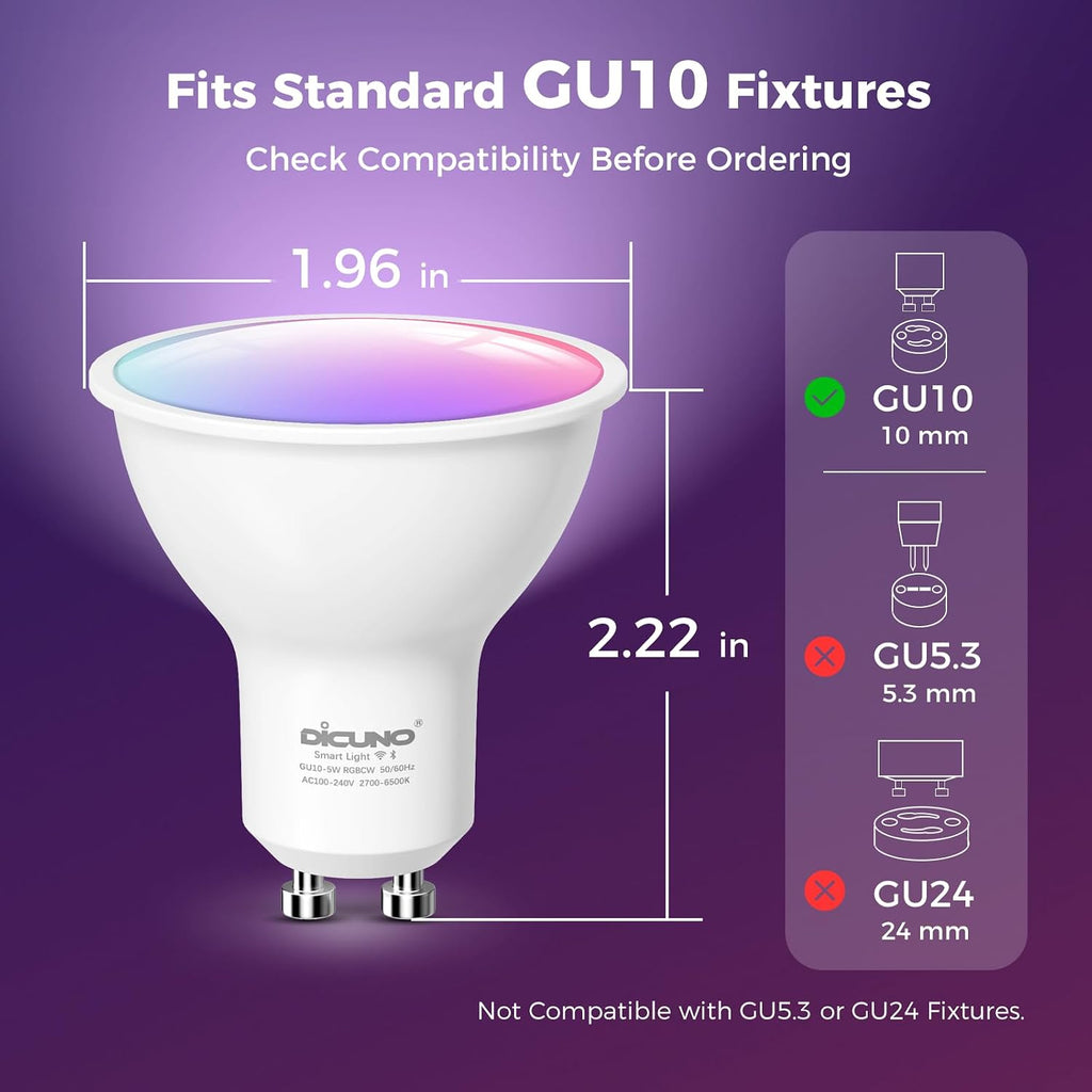 GU10 Smart LED Bulb, Color Changing, 50W Equivalent, 450LM, 4-Pack