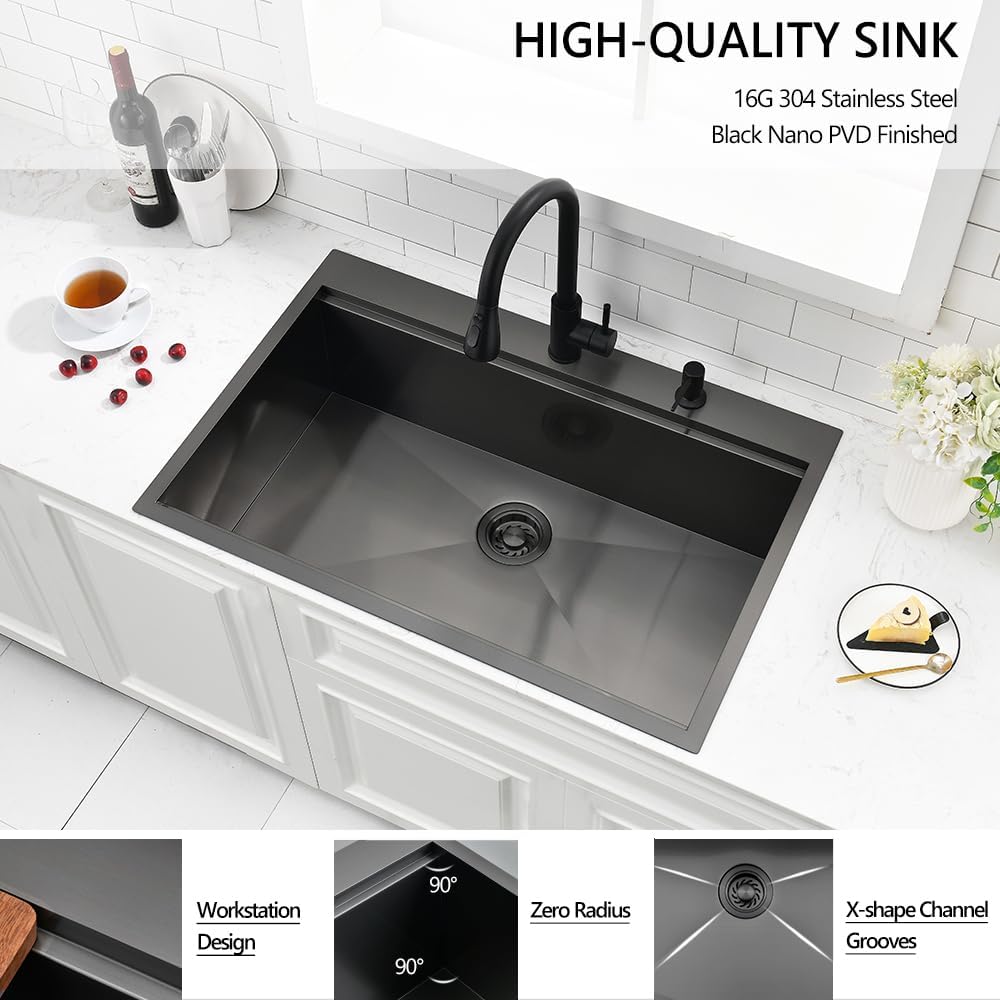 33 Black Drop in Workstation Kitchen Sink, 16 Gauge 33x22x10 Inches Black Stainless Steel Kitchen Sinks Topmount