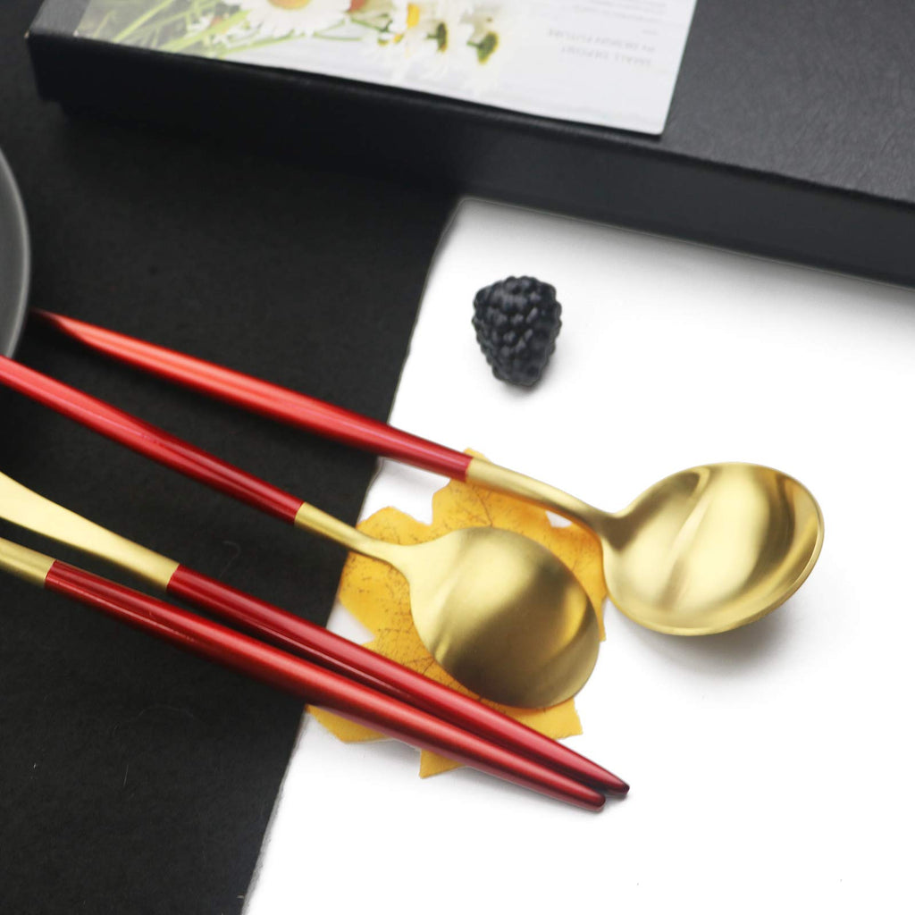 Luxury 18/10 Red Handle Flatware Gold Silverware Set 304 Stainless Steel Flatware Cutlery Set| 5-Piece Adaline Royal